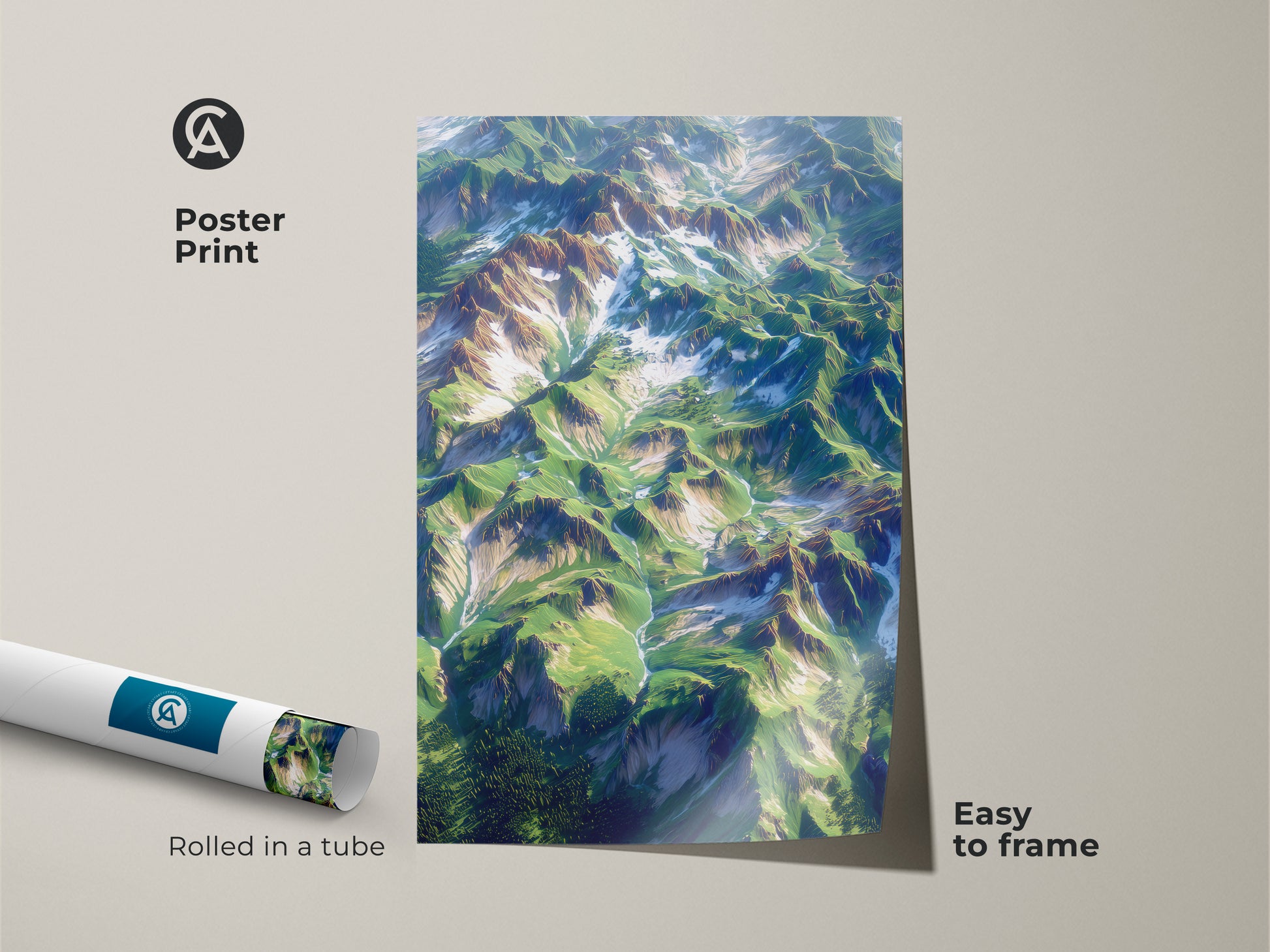 Poster print showcasing an aerial view of a mountain landscape. The art is rolled in a tube for easy framing. The poster brings nature's beauty to any room. The print captures the texture of the mountain range. Add adventure to your home with this unique wall art.
