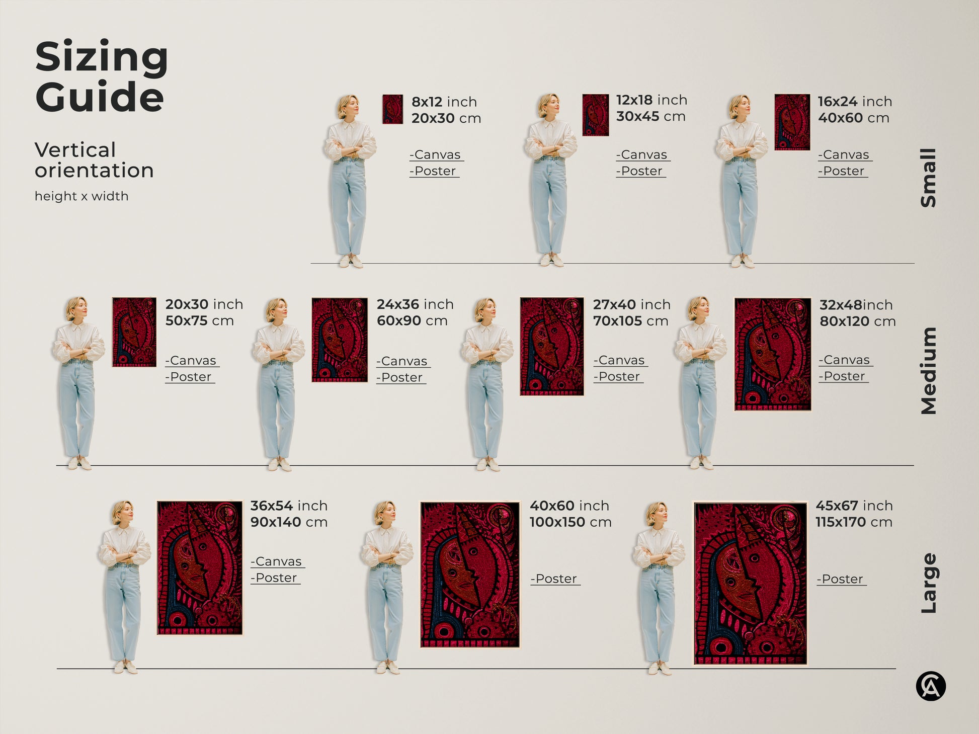 Sizing guide for vertical abstract face canvas art. Find the ideal fit for your space from small to large. Red and blue tribal mask artwork in various sizes to enhance your home. Get this unique wall hanging now.