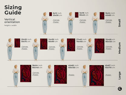 Sizing guide for vertical abstract face canvas art. Find the ideal fit for your space from small to large. Red and blue tribal mask artwork in various sizes to enhance your home. Get this unique wall hanging now.