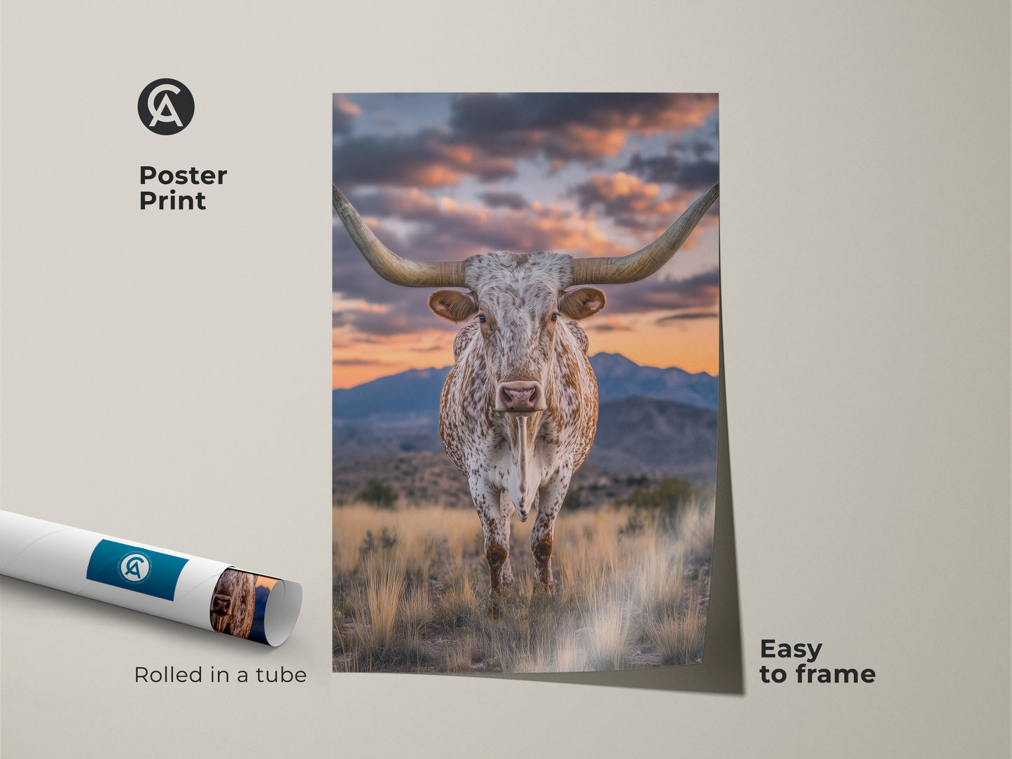 This is a poster print of a longhorn steer. The rustic western artwork features a mountain sunset. This farmhouse landscape art is easy to frame. It makes a great cowboy gift.