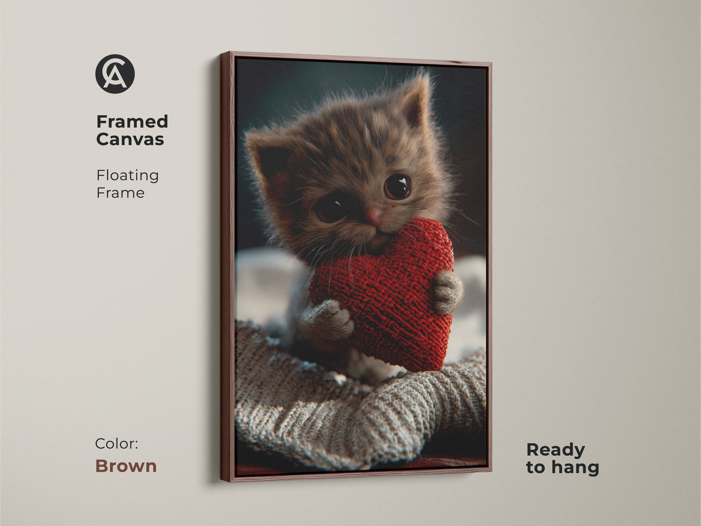 Framed canvas featuring a sweet kitten holding a heart. The floating frame has a brown color. This adorable cat lover gift is ready to hang. The animal theme wall decor adds warmth. It is a perfect cat mom birthday gift and valentine's gift art.