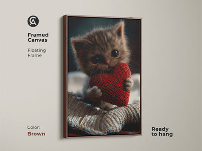 Framed canvas featuring a sweet kitten holding a heart. The floating frame has a brown color. This adorable cat lover gift is ready to hang. The animal theme wall decor adds warmth. It is a perfect cat mom birthday gift and valentine's gift art.