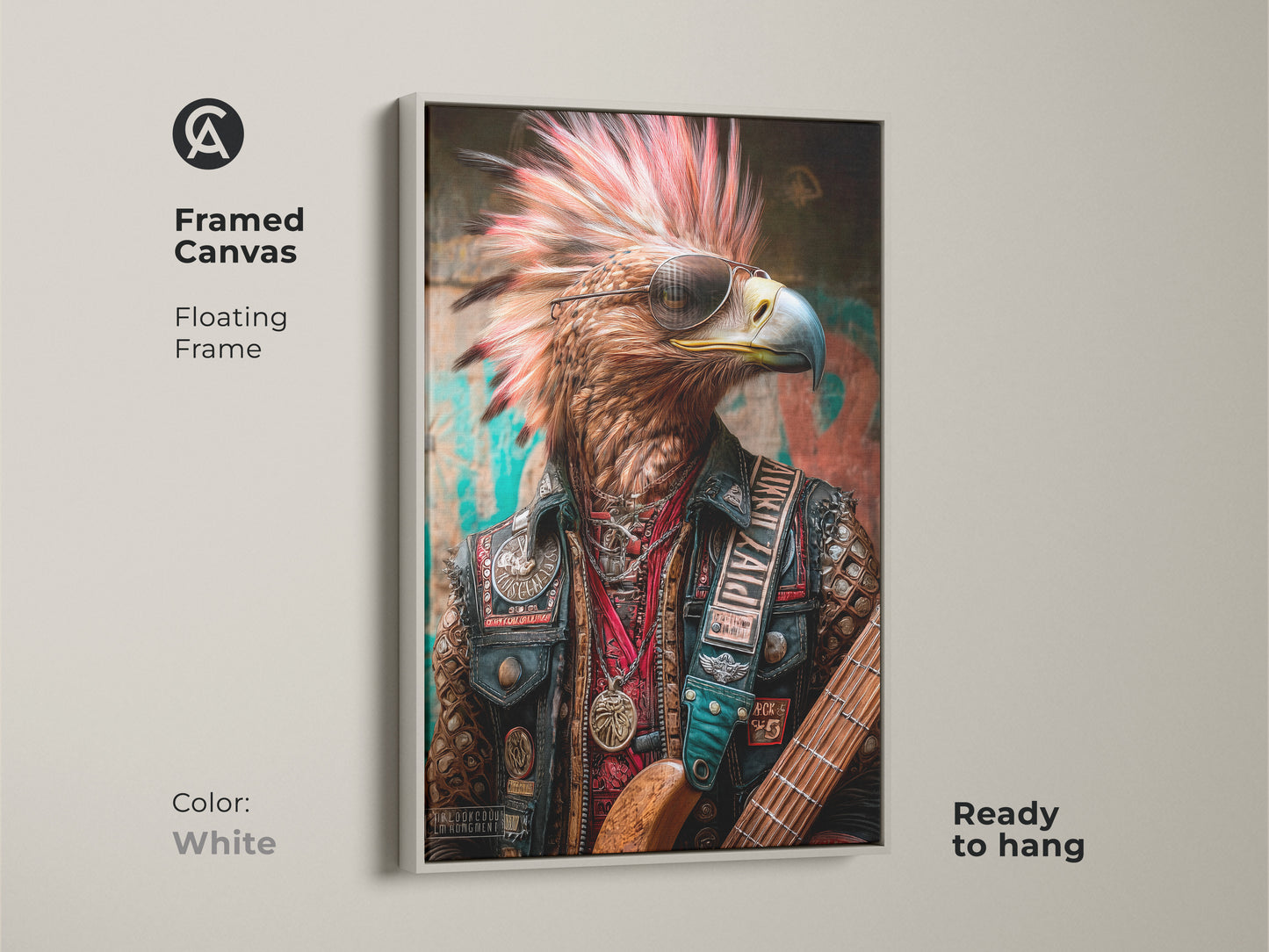 Framed canvas featuring the Eagle Rocker artwork with floating frame in white. The custom framed art print adds an edgy look to any room. This rock and roll poster art is great for man cave decor. The punk rock eagle is ready to hang.