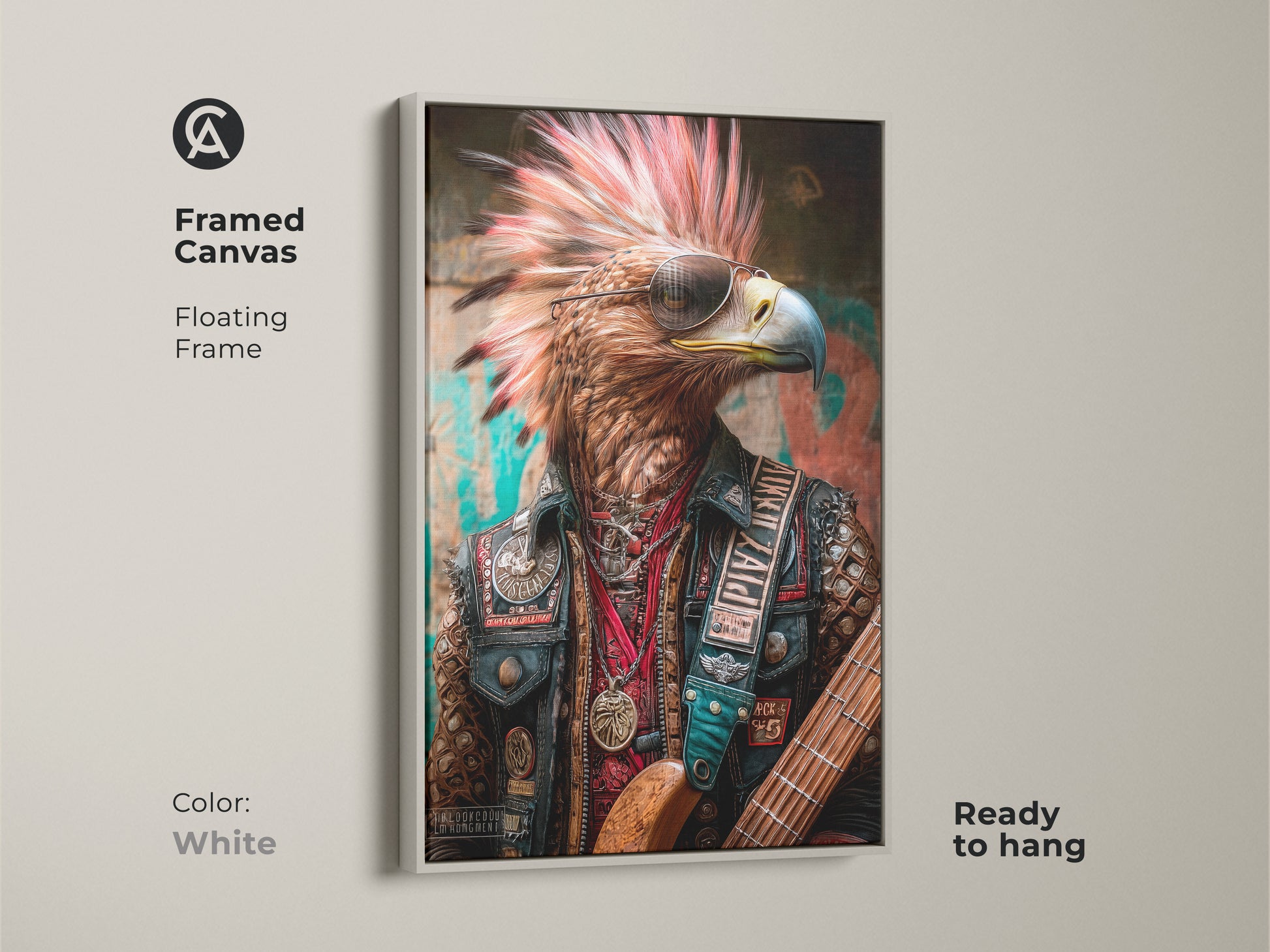 Framed canvas featuring the Eagle Rocker artwork with floating frame in white. The custom framed art print adds an edgy look to any room. This rock and roll poster art is great for man cave decor. The punk rock eagle is ready to hang.