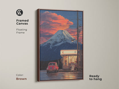 Framed canvas art of Mount Fuji in anime style with a brown floating frame. This retro Japanese landscape features a vintage red car. Ready to hang wall decor with sunset clouds. A perfect eclectic touch for any space.