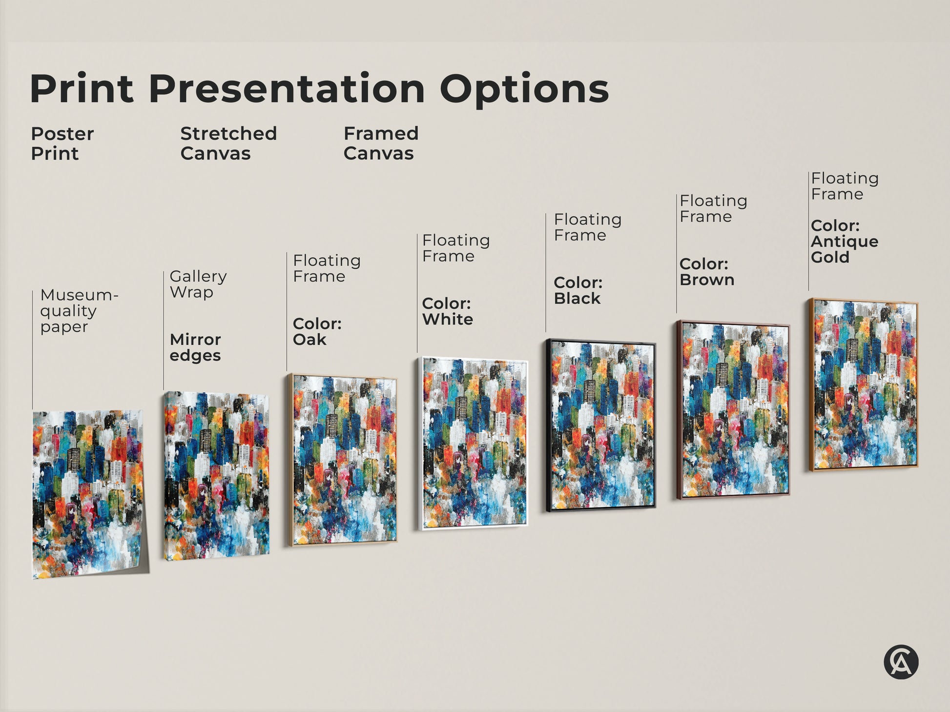 Explore print presentation options for abstract city artwork. Choose from poster print stretched canvas or framed canvas. Each option enhances the colorful artwork for a unique decor style. Find the perfect piece.