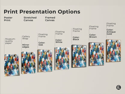 Explore print presentation options for abstract city artwork. Choose from poster print stretched canvas or framed canvas. Each option enhances the colorful artwork for a unique decor style. Find the perfect piece.