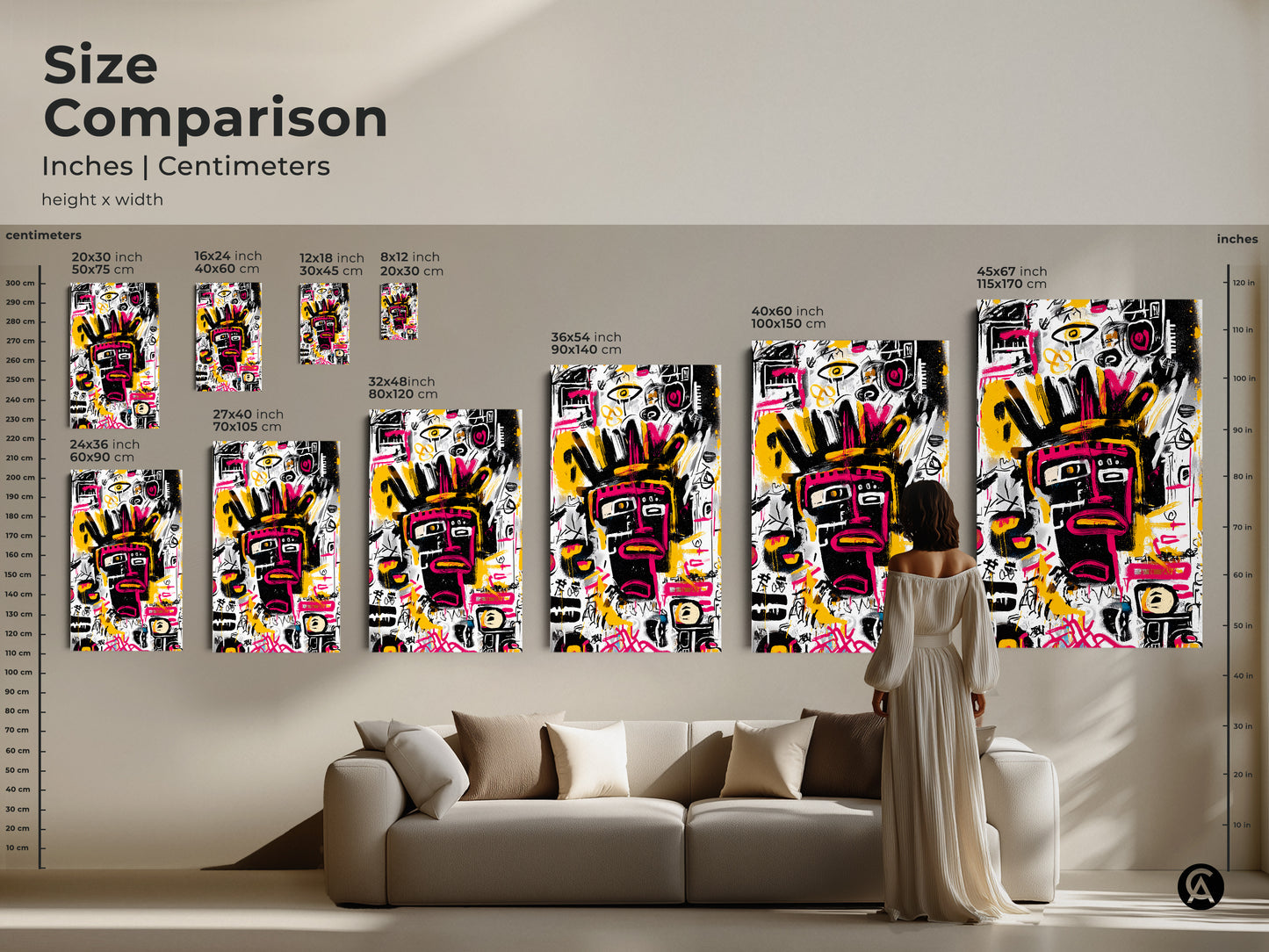 Size comparison of abstract face art prints. See how this artwork looks in different sizes from 8x12 to 45x67 inches. Visualize the art above a sofa to help you choose the perfect fit. Available as canvas or poster.