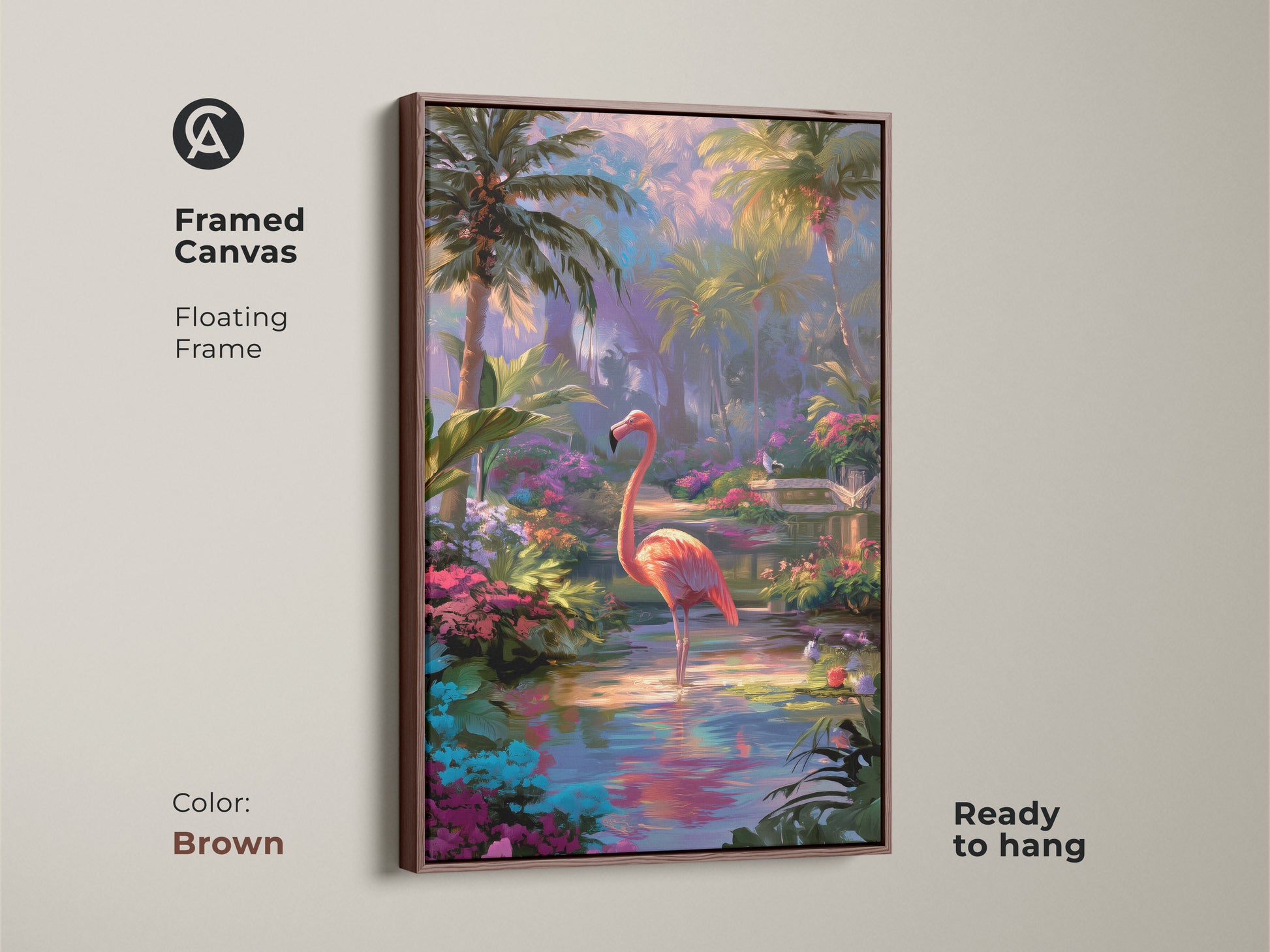 Framed canvas of a flamingo art. The floating brown frame enhances the tropical scene. It's ready to hang. This boho chic wall hanging brings nature inside. The colorful bird art print is perfect for a bedroom.