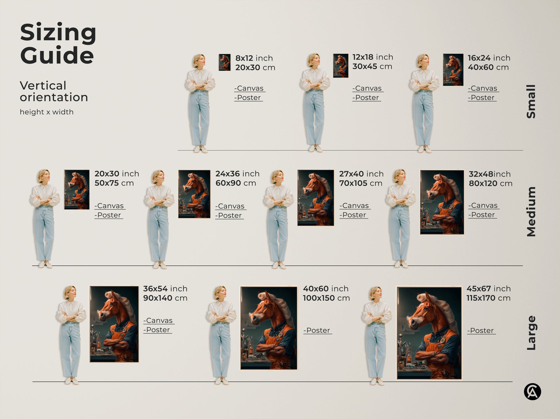 Sizing guide for the vertical surreal horseman art print. See how different sizes of the canvas and poster fit in a room with a person. Find the perfect size for your office study or living room wall decor.