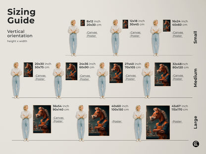 Sizing guide for the vertical surreal horseman art print. See how different sizes of the canvas and poster fit in a room with a person. Find the perfect size for your office study or living room wall decor.