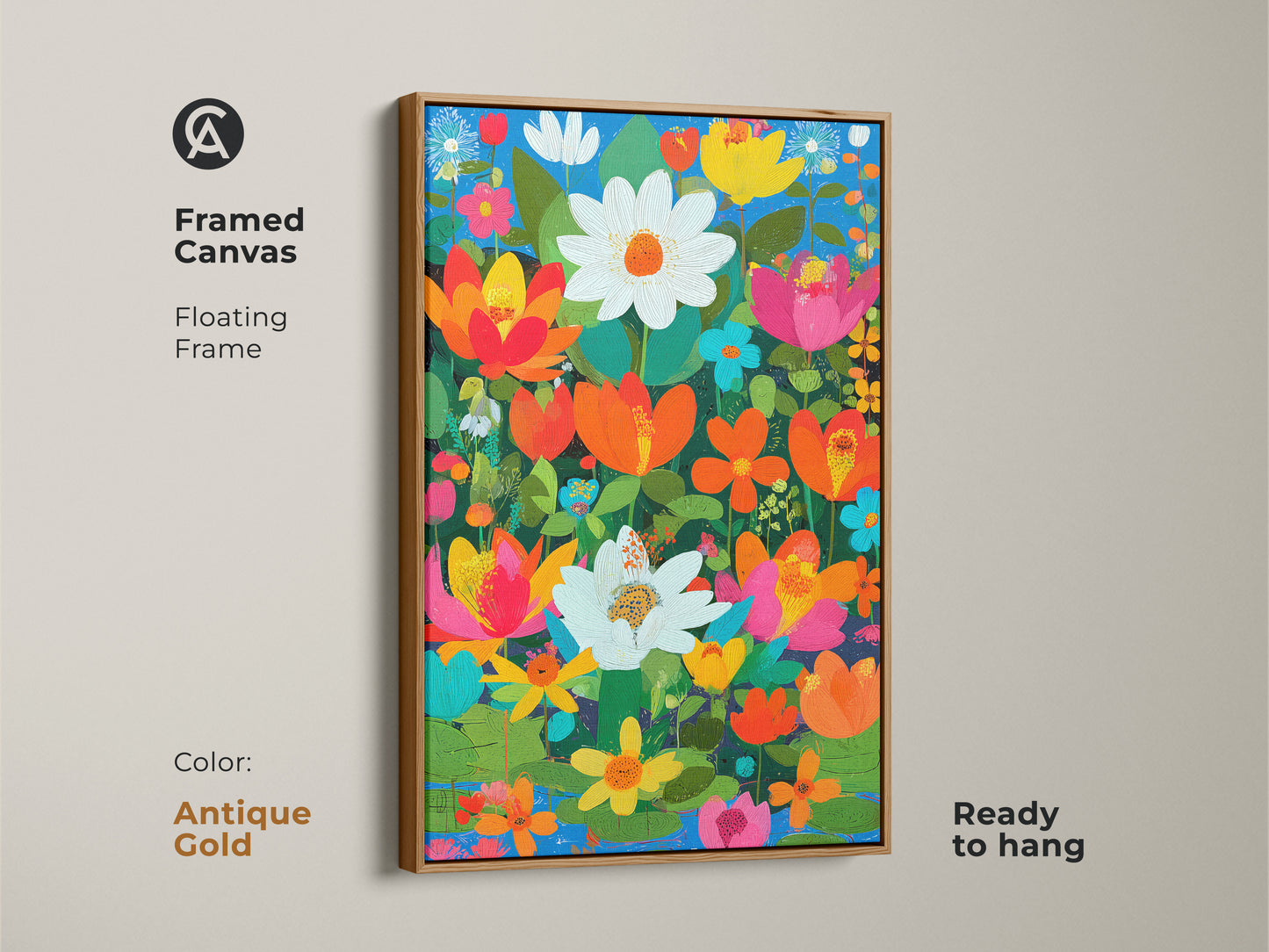 Framed canvas in an antique gold floating frame. Boho floral wall art print. The artwork is orange pink and teal botanical art. A lotus daisy flower artwork is ready to hang.