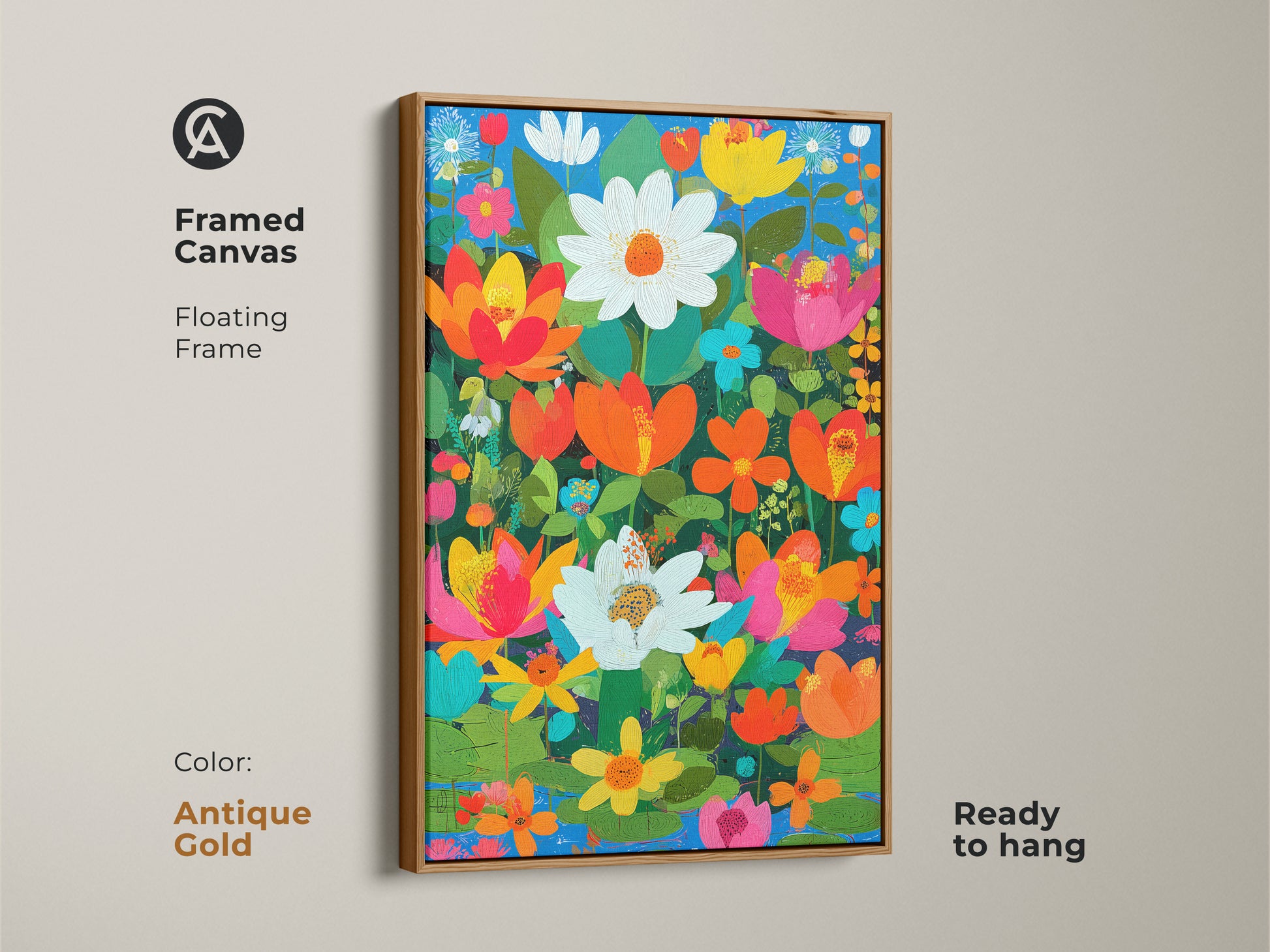Framed canvas in an antique gold floating frame. Boho floral wall art print. The artwork is orange pink and teal botanical art. A lotus daisy flower artwork is ready to hang.