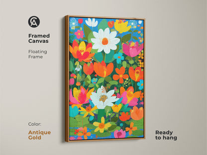 Framed canvas in an antique gold floating frame. Boho floral wall art print. The artwork is orange pink and teal botanical art. A lotus daisy flower artwork is ready to hang.