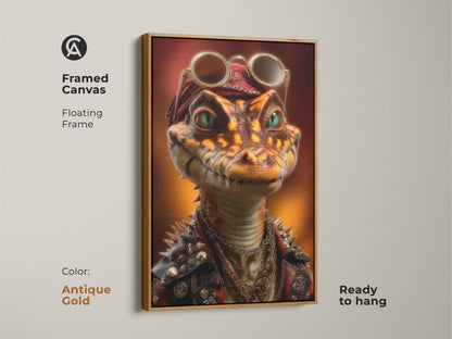 Framed canvas art of a steampunk alligator with a floating frame. The punk rock reptile art is ready to hang. The cool animal artwork features an alligator in a spiked leather jacket with a bandana. This unique reptile print adds character to a den or themed bar decor. The antique gold frame enhances the details.