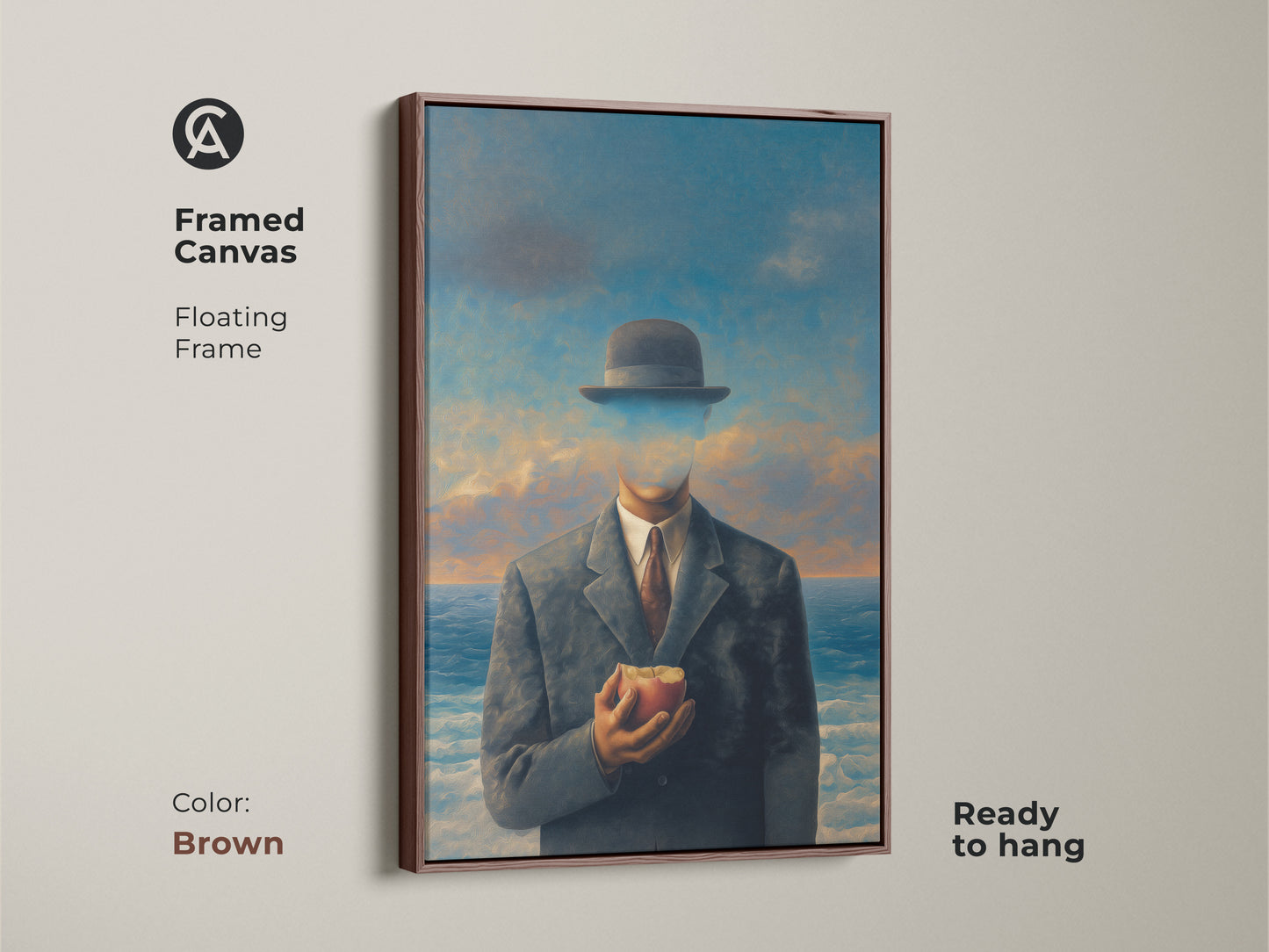 Framed canvas art featuring a man in suit holding an apple. The brown floating frame complements this surrealist artwork. Ready to hang philosophical art for study room office decor. Conceptual figurative wall art with cloudy sky ocean backdrop. Gift for dreamers.