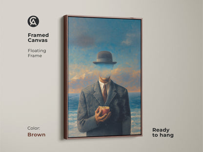 Framed canvas art featuring a man in suit holding an apple. The brown floating frame complements this surrealist artwork. Ready to hang philosophical art for study room office decor. Conceptual figurative wall art with cloudy sky ocean backdrop. Gift for dreamers.