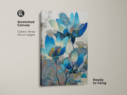 Stretched canvas featuring abstract lotus artwork in blue teal and grey. This contemporary botanical print with gallery wrapped edges is ready to hang. Ideal modern home decor.