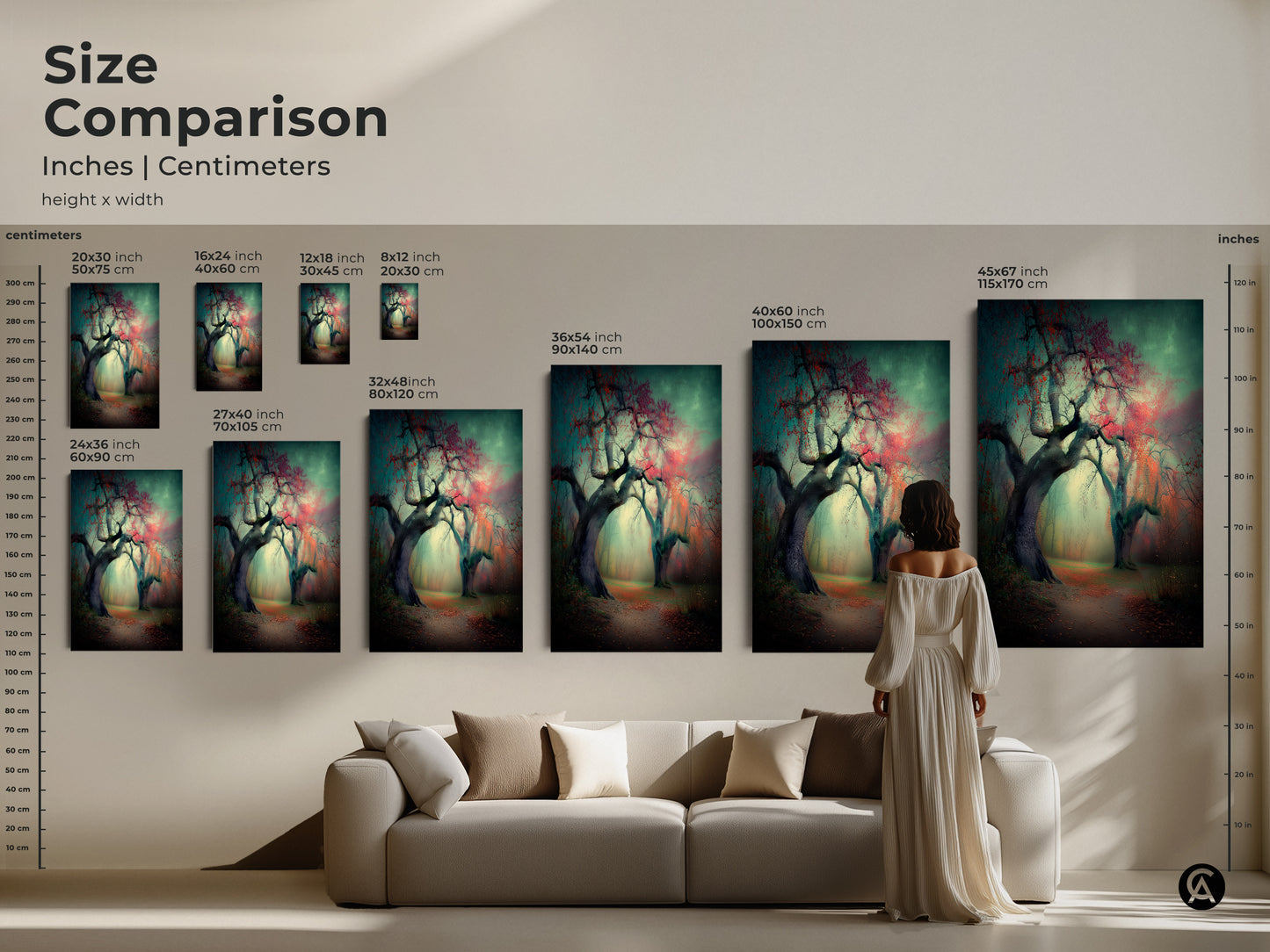 Size comparison of misty forest path artwork in various dimensions. See how the art looks above a sofa. Sizes range from small to large. Find the perfect size to complement your living room or office decor.