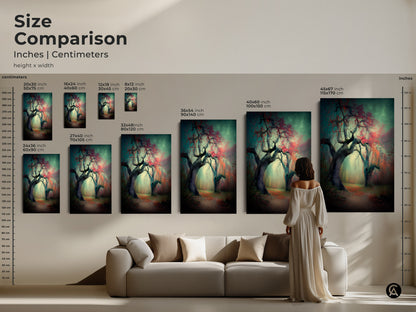 Size comparison of misty forest path artwork in various dimensions. See how the art looks above a sofa. Sizes range from small to large. Find the perfect size to complement your living room or office decor.