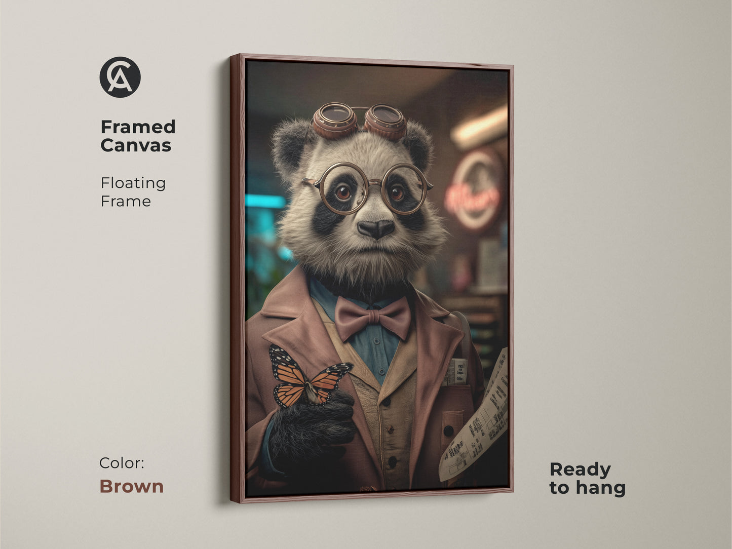 This framed canvas presents the Steampunk Panda art with a floating antique gold frame. The panda with butterfly wall art is an excellent eclectic office decor option. Its surreal style and warm tones make it a unique wall hanging.