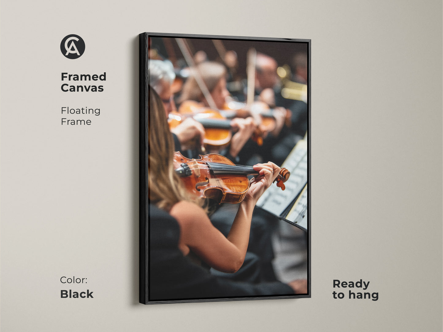 Framed in black this canvas art print captures an orchestra in full swing. A violinist is prominently featured. The floating frame adds depth to the artwork. Ready to hang this piece is ideal for office or home decor. Celebrate classical music with this elegant art.
