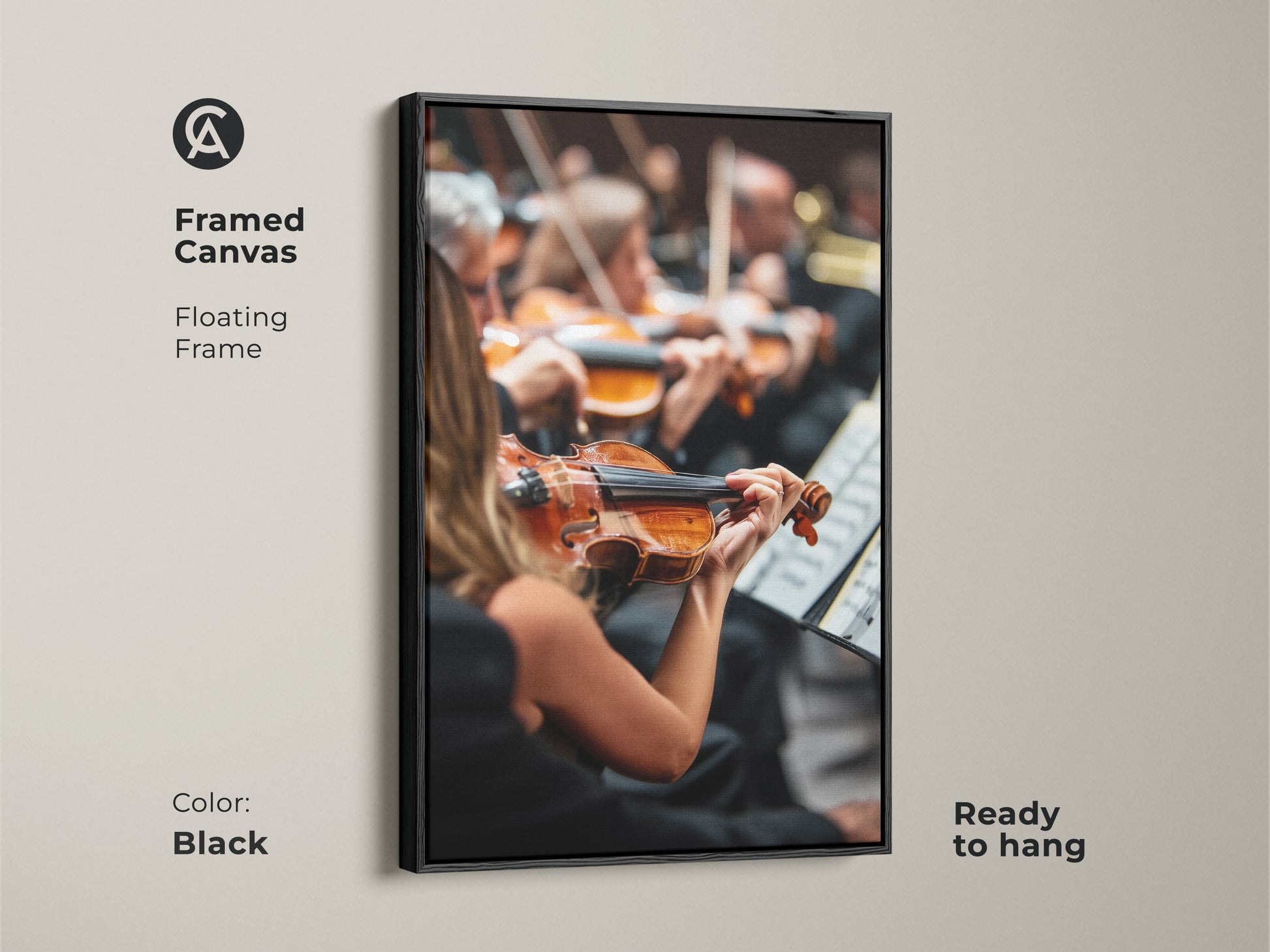 Framed in black this canvas art print captures an orchestra in full swing. A violinist is prominently featured. The floating frame adds depth to the artwork. Ready to hang this piece is ideal for office or home decor. Celebrate classical music with this elegant art.