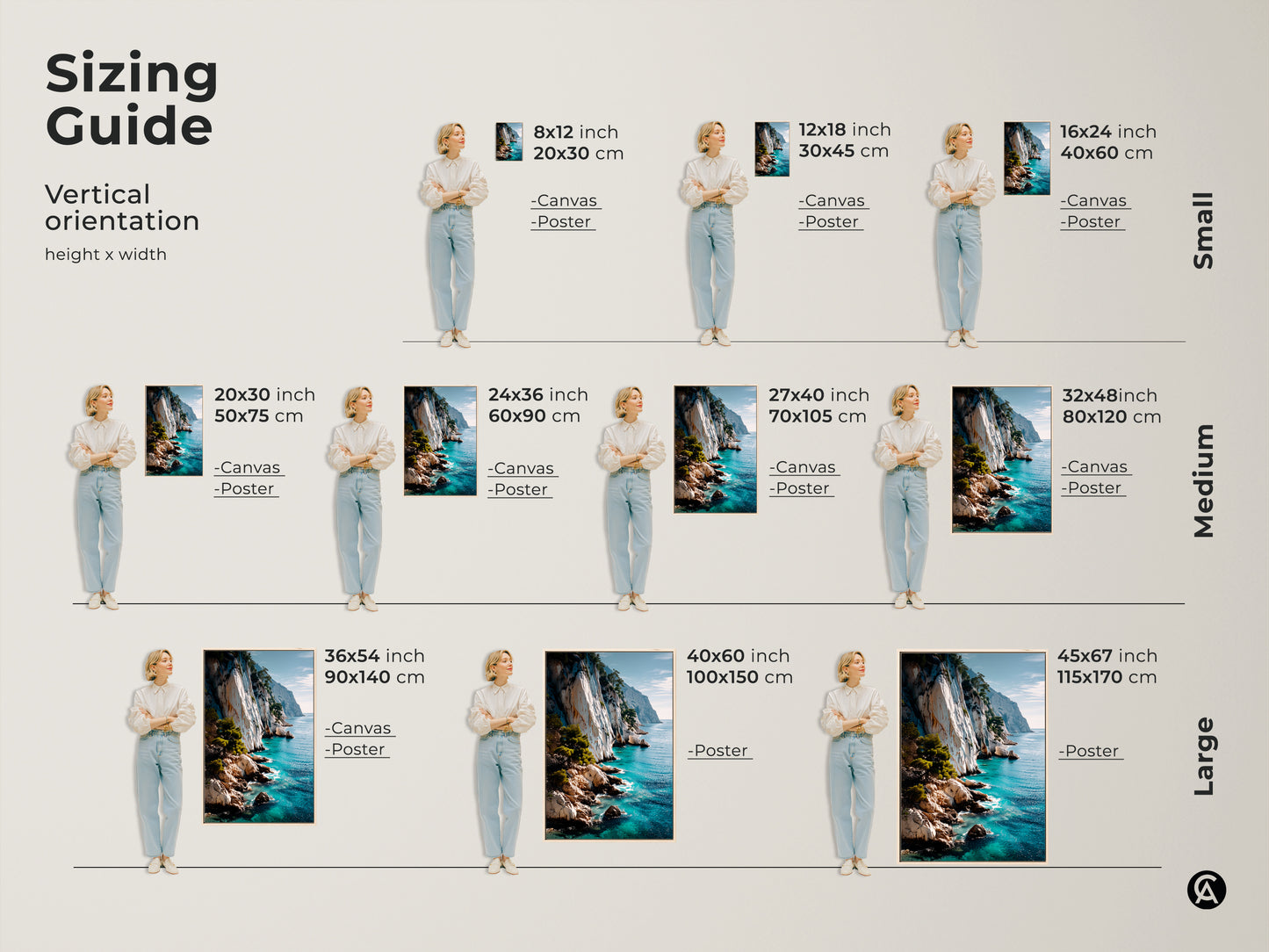 Sizing Guide for Vertical Coastal Cliff Art. Visualize the artwork in different dimensions such as 8x12 24x36 and 40x60 inches. Available as canvas or poster prints. Perfect nature landscapes for small medium or large spaces. Find the ideal size to enhance your home decor.
