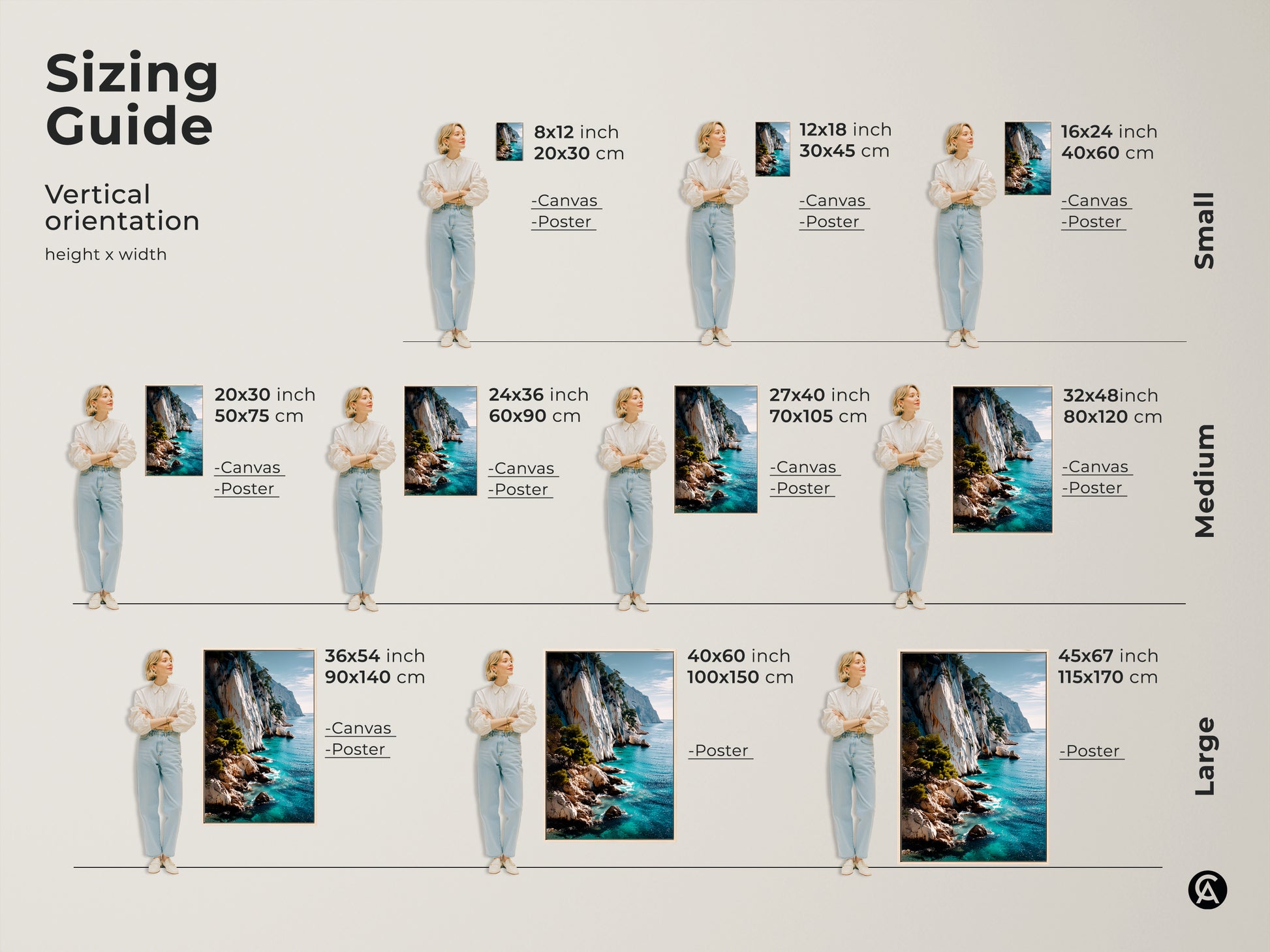 Sizing Guide for Vertical Coastal Cliff Art. Visualize the artwork in different dimensions such as 8x12 24x36 and 40x60 inches. Available as canvas or poster prints. Perfect nature landscapes for small medium or large spaces. Find the ideal size to enhance your home decor.