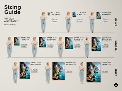 Sizing Guide for Vertical Coastal Cliff Art. Visualize the artwork in different dimensions such as 8x12 24x36 and 40x60 inches. Available as canvas or poster prints. Perfect nature landscapes for small medium or large spaces. Find the ideal size to enhance your home decor.