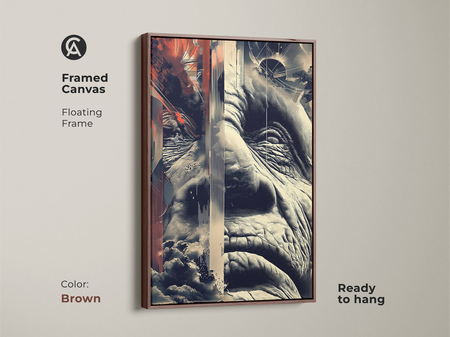 Glitch art displayed in a framed canvas. The abstract portrait shows an old man's face with geometric elements. The artwork combines terracotta beige and navy tones. Its brown floating frame is ready to hang artwork.