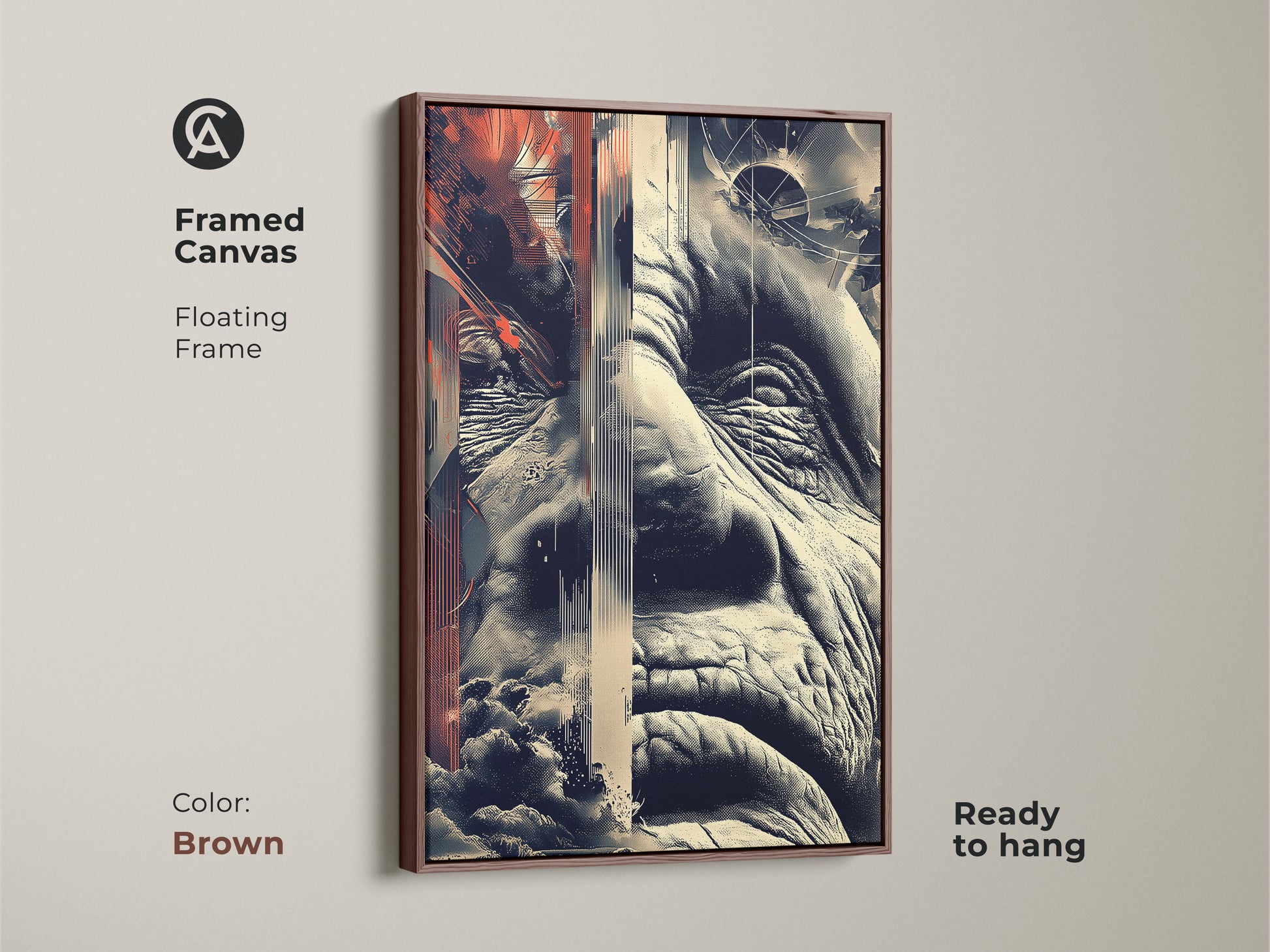 Glitch art displayed in a framed canvas. The abstract portrait shows an old man's face with geometric elements. The artwork combines terracotta beige and navy tones. Its brown floating frame is ready to hang artwork.
