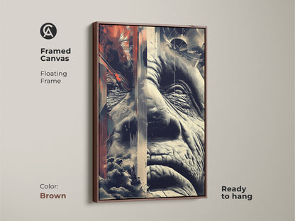 Glitch art displayed in a framed canvas. The abstract portrait shows an old man's face with geometric elements. The artwork combines terracotta beige and navy tones. Its brown floating frame is ready to hang artwork.