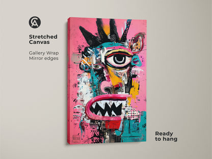 This stretched canvas showcases gallery wrapped art. The abstract face art is displayed with mirrored edges. It is ready to hang. The vibrant colors and bold strokes are eye-catching. Perfect for a modern art collector. Add a touch of punk rock to your walls.