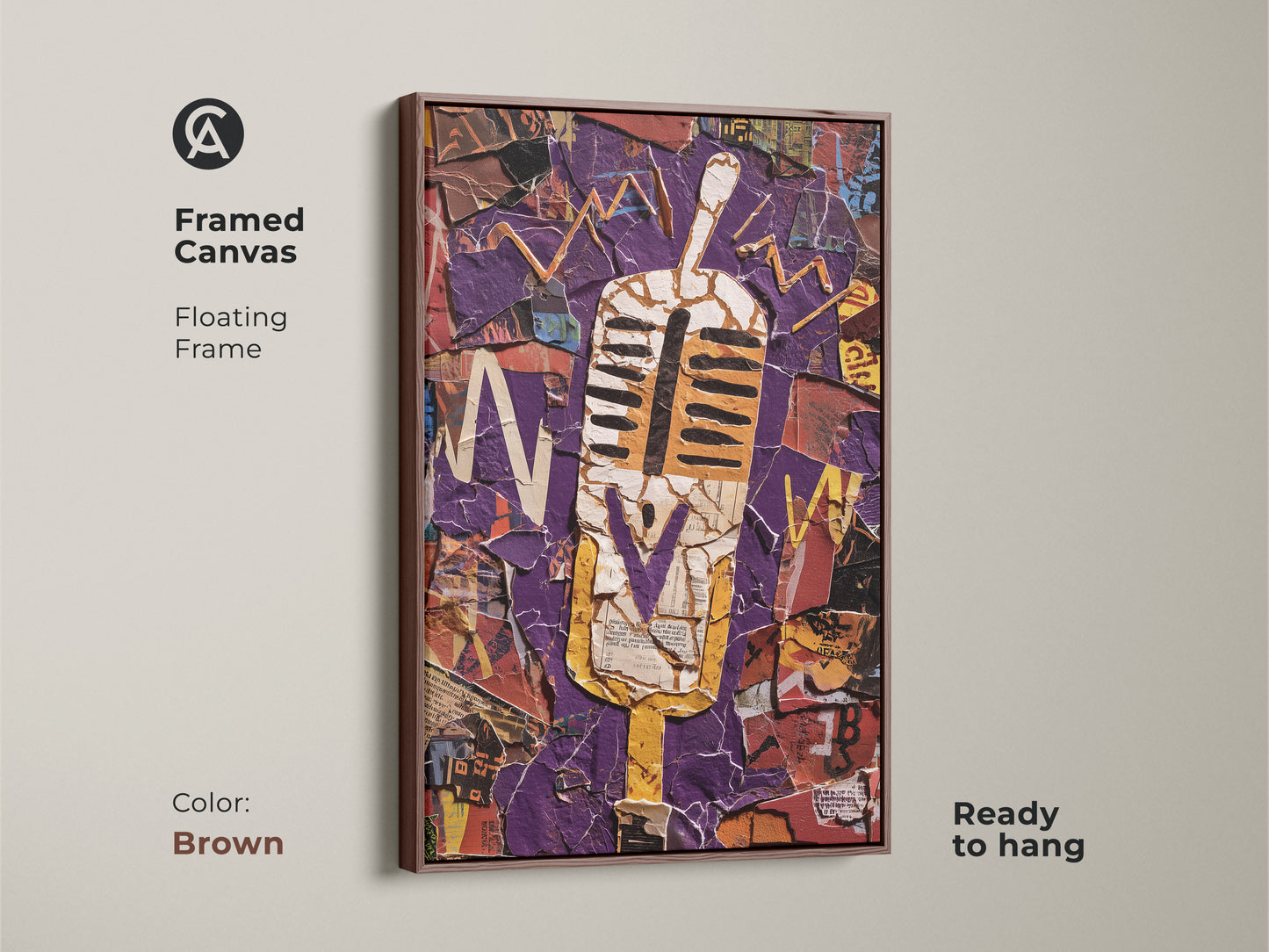 This framed canvas features a retro microphone in an abstract collage. The brown floating frame enhances the purple and yellow artwork. It is ready to hang and adds a vintage music flair. Perfect for office wall art or a unique musician birthday gift. A bold eclectic statement piece.