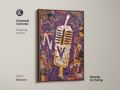 This framed canvas features a retro microphone in an abstract collage. The brown floating frame enhances the purple and yellow artwork. It is ready to hang and adds a vintage music flair. Perfect for office wall art or a unique musician birthday gift. A bold eclectic statement piece.