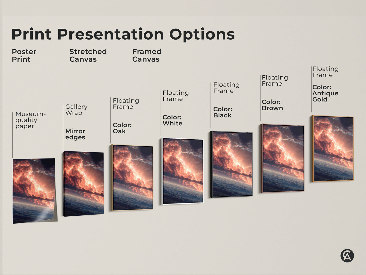 Explore print presentation options for fiery sky artwork. Choose from poster print stretched canvas or framed canvas. Options include gallery wrap floating frame and various colors. Find the perfect presentation for your space.