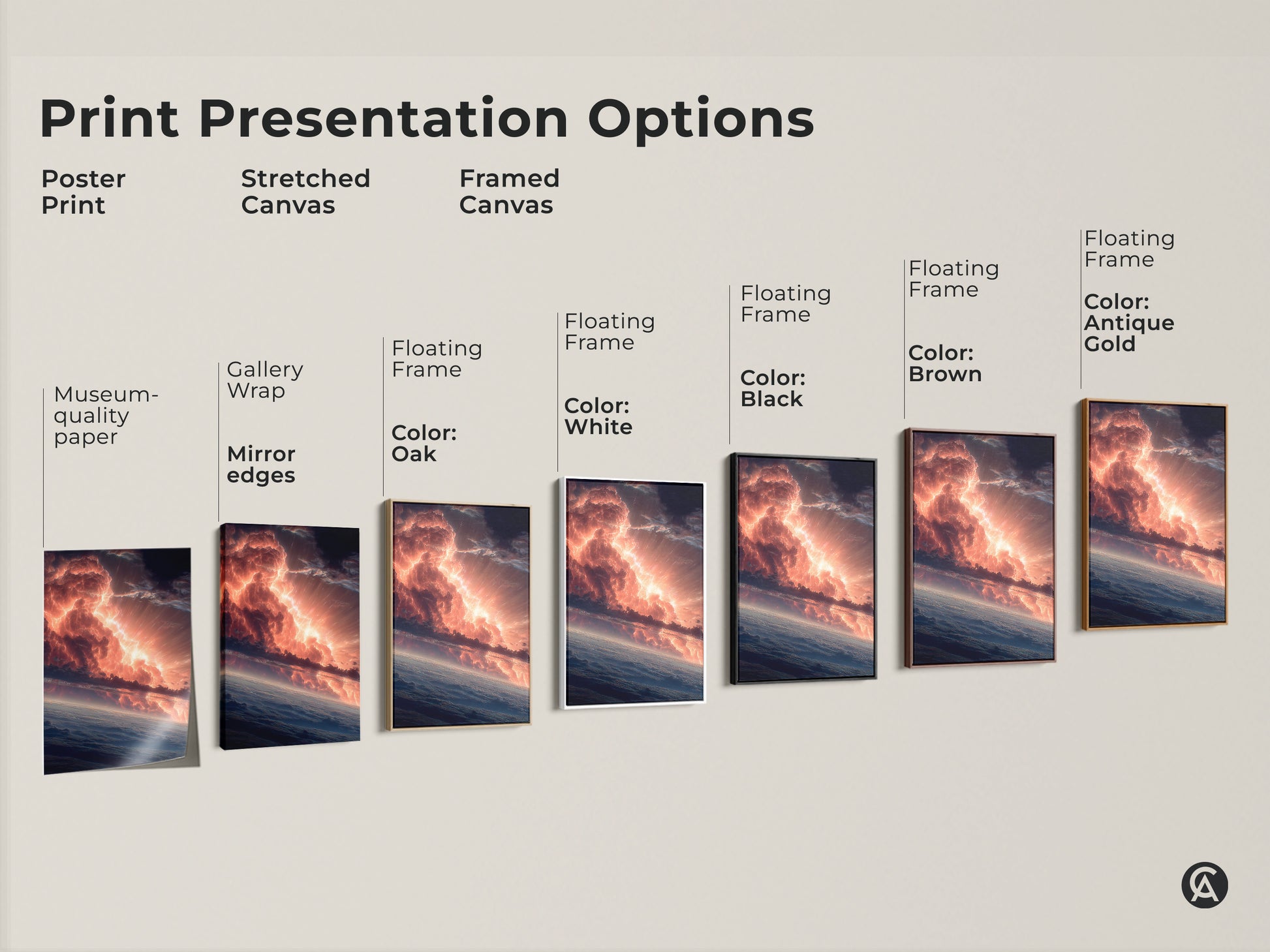 Explore print presentation options for fiery sky artwork. Choose from poster print stretched canvas or framed canvas. Options include gallery wrap floating frame and various colors. Find the perfect presentation for your space.