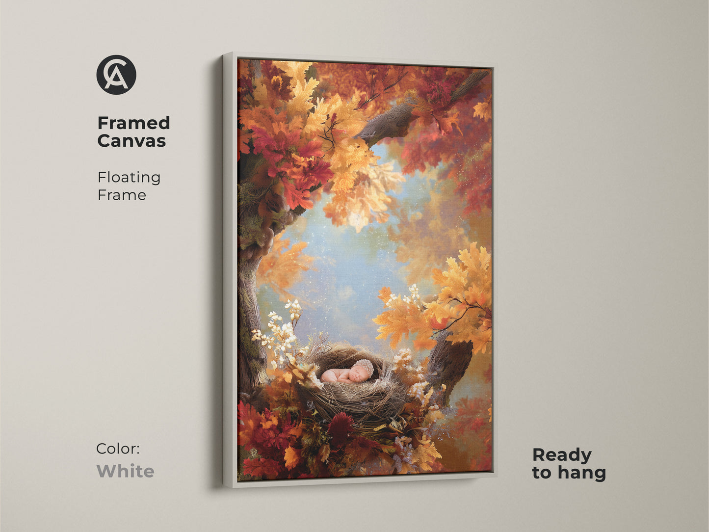 Framed canvas artwork with a white floating frame. It shows a baby sleeping in a nest among autumn leaves. This ready-to-hang piece offers a clean and modern look. Perfect for adding a serene touch to any nursery or living space.