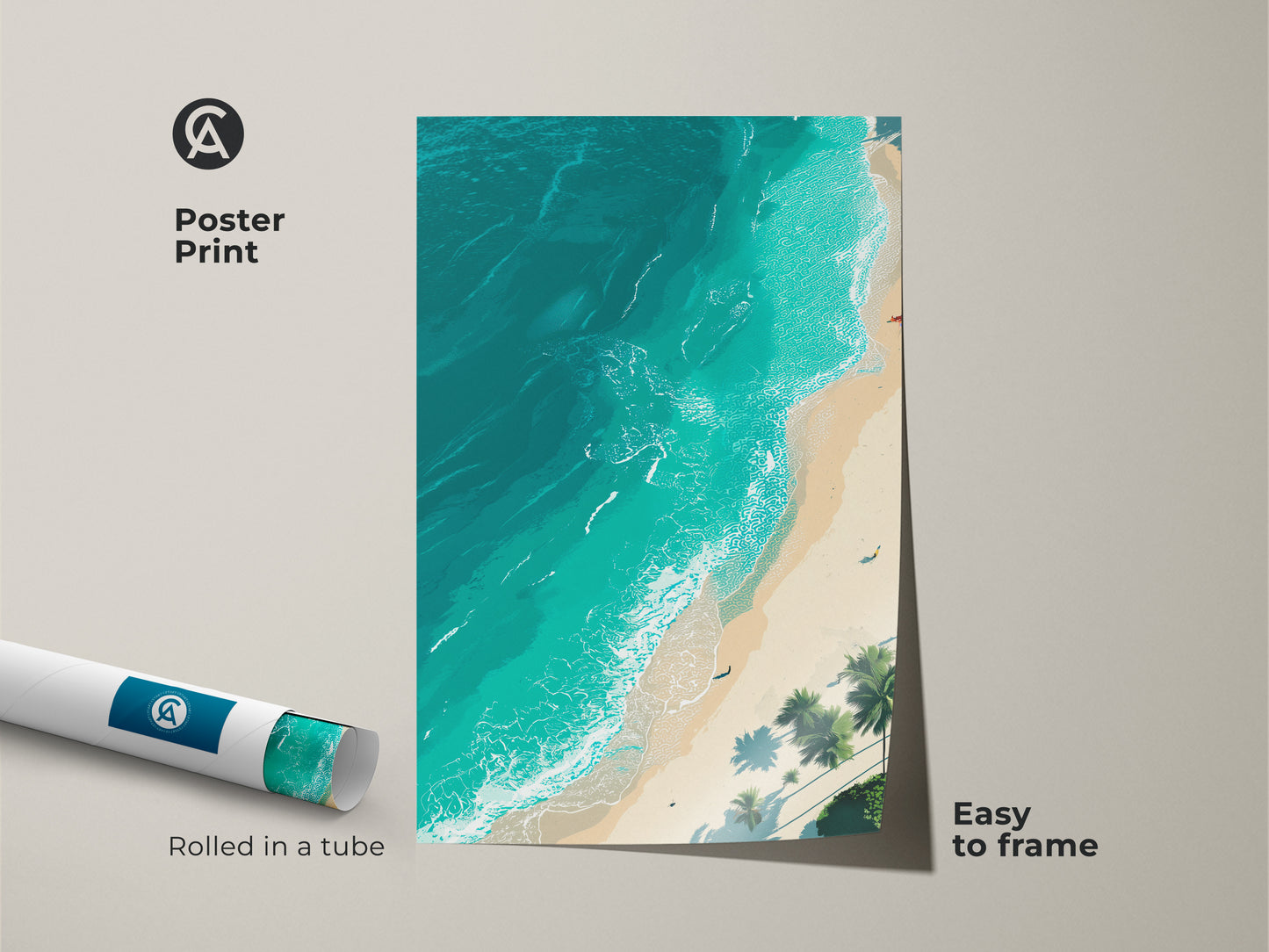 Poster print of a stunning beach aerial view. Turquoise water meets a pristine sandy beach. Palm trees sway gently in the breeze. This museum-quality paper print is easy to frame. Rolled and shipped in a protective tube.