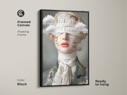 Framed canvas in black displaying surreal woman art. This floating frame highlights a collage artwork. Clouds & text adds to the eclectic aesthetic. A modern artistic female portrait with vintage surrealism elements. Ready to hang.