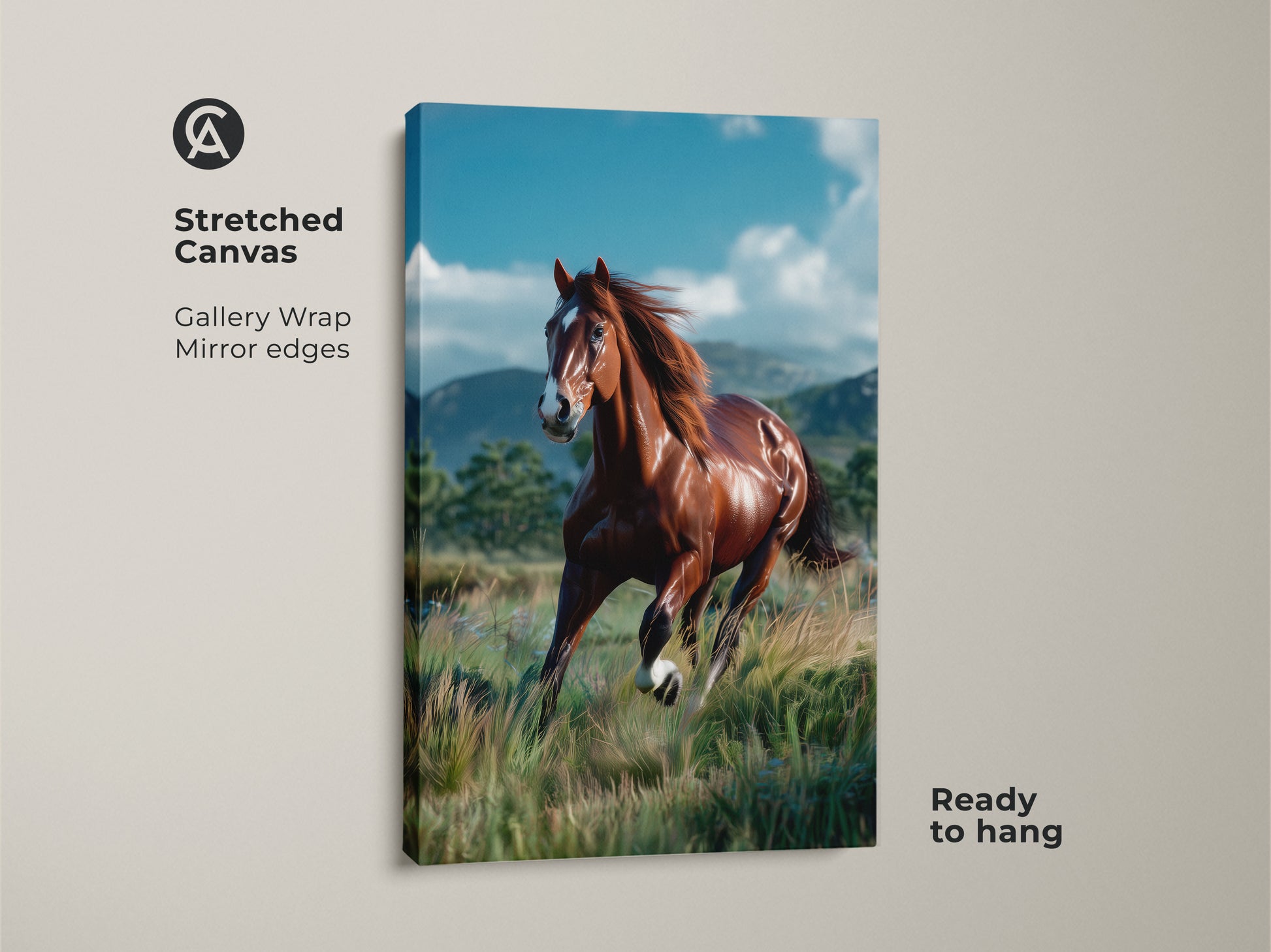 Stretched canvas print featuring a brown horse galloping. The gallery wrap and mirror edges give it a modern look. This horse artwork is ready to hang. Perfect for adding a touch of equine elegance to any room. Shop now for horse wall art.
