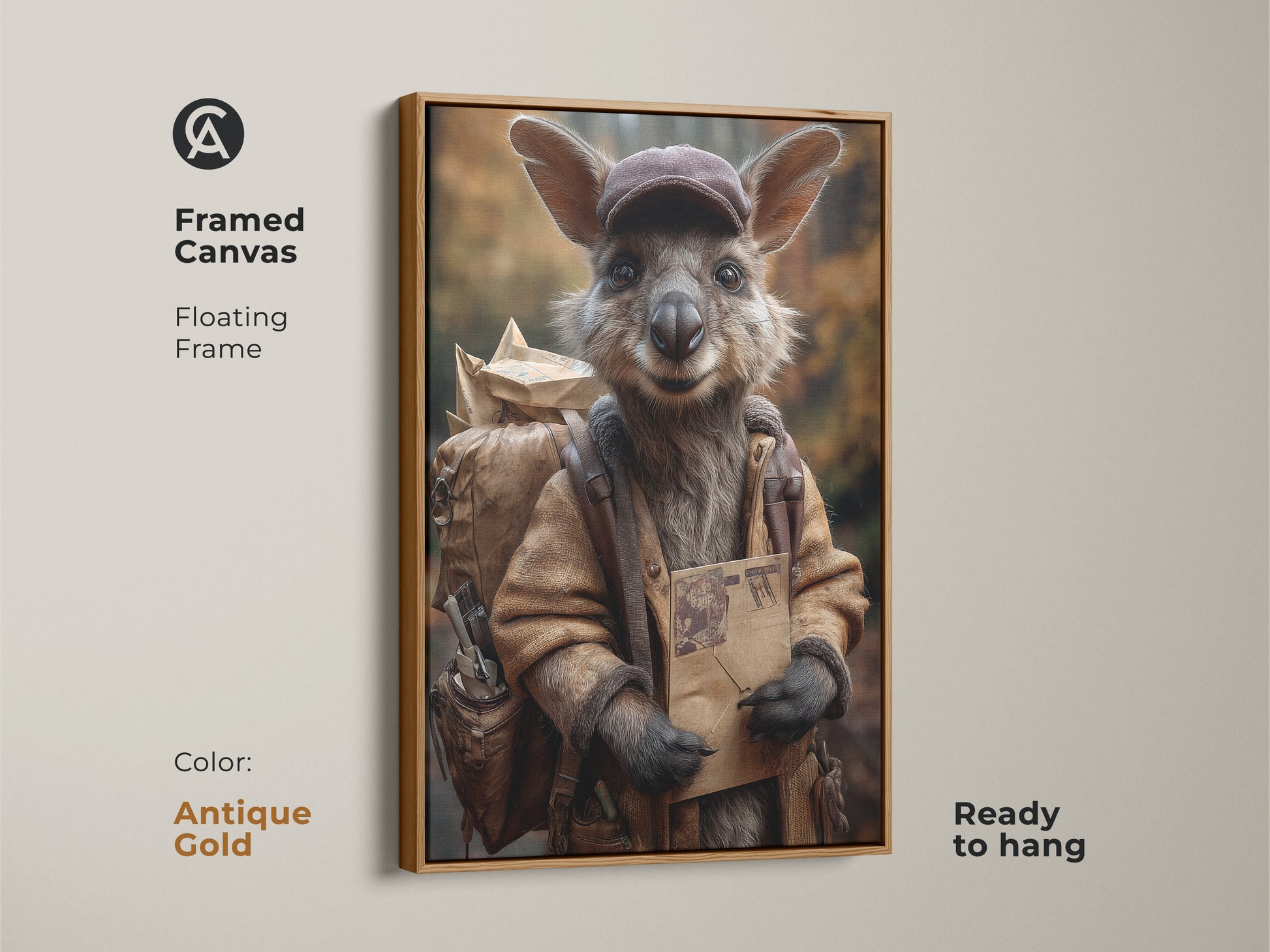 Framed canvas presents a kangaroo in a vintage mail carrier outfit. The antique gold floating frame adds a touch of elegance. Ready to hang this animal art provides character. It features rustic earthy tones.