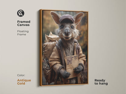 Framed canvas presents a kangaroo in a vintage mail carrier outfit. The antique gold floating frame adds a touch of elegance. Ready to hang this animal art provides character. It features rustic earthy tones.