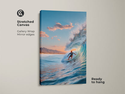 Stretched canvas surfer art ready to hang. A surfer rides a blue ocean wave. Gallery wrapped with mirrored edges. A great piece for coastal home decor. The colors are vibrant.