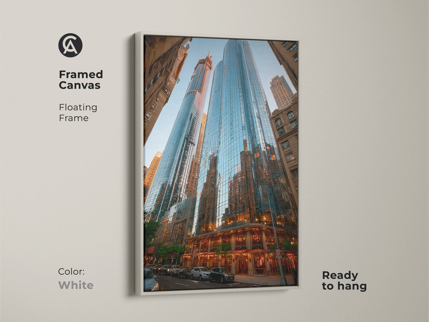 Blue cityscape artwork on a framed canvas. This modern skyscraper canvas features a floating white frame. The contemporary architecture decor is ready to hang. It enhances apartment entryway decor. Perfect for a housewarming gift.