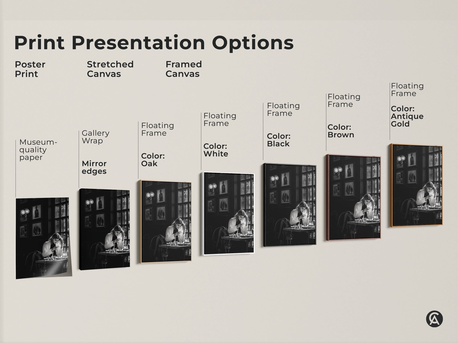 Print presentation options for monochrome cafe scene wall art. Includes poster stretched canvas and framed canvas prints. Showcase contemporary black and white photojournalism style artwork. Find the perfect art print for coffee lovers and housewarming gifts.