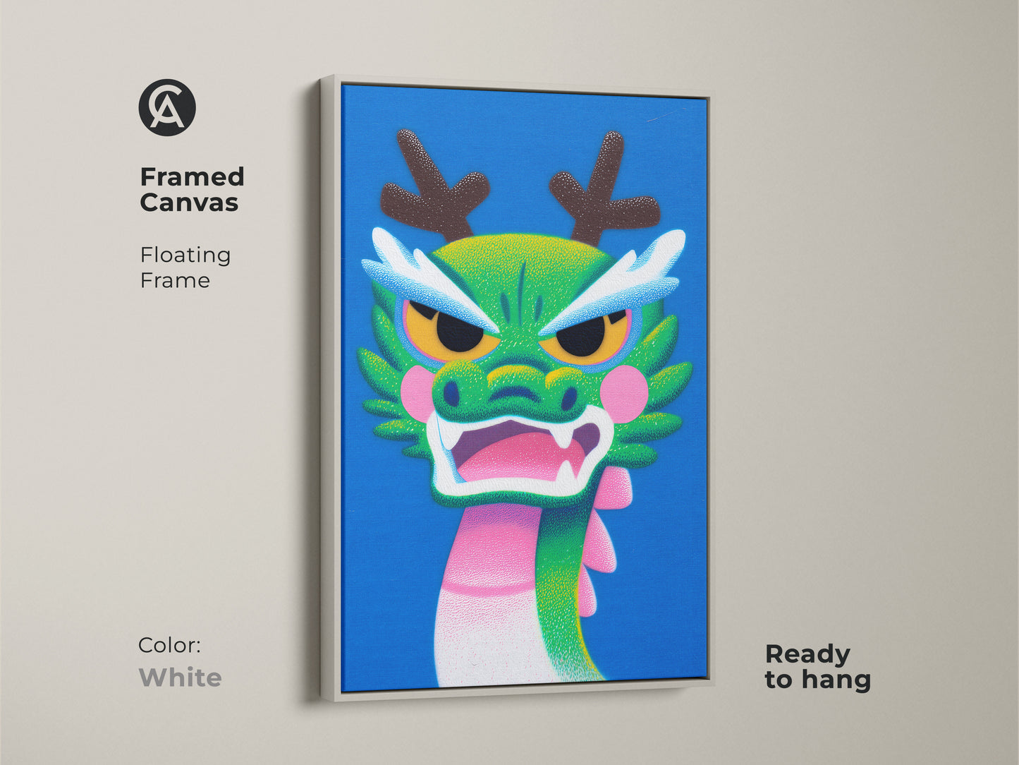 Framed canvas showcases a Cartoon Dragon in white floating frame. The art is a vibrant green blue pink mythical creature. A great whimsical dragon art for kids bedrooms.