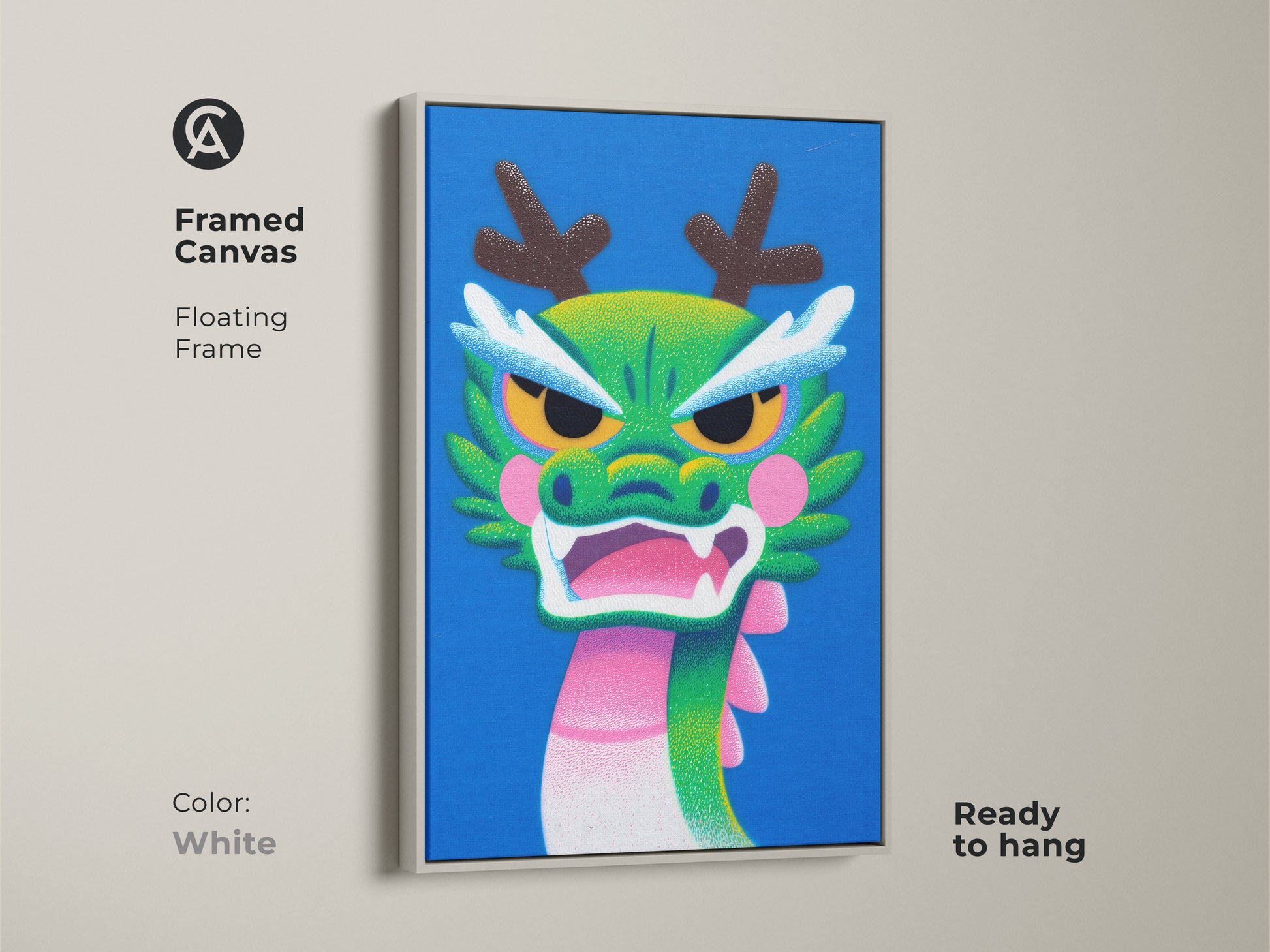 Framed canvas showcases a Cartoon Dragon in white floating frame. The art is a vibrant green blue pink mythical creature. A great whimsical dragon art for kids bedrooms.