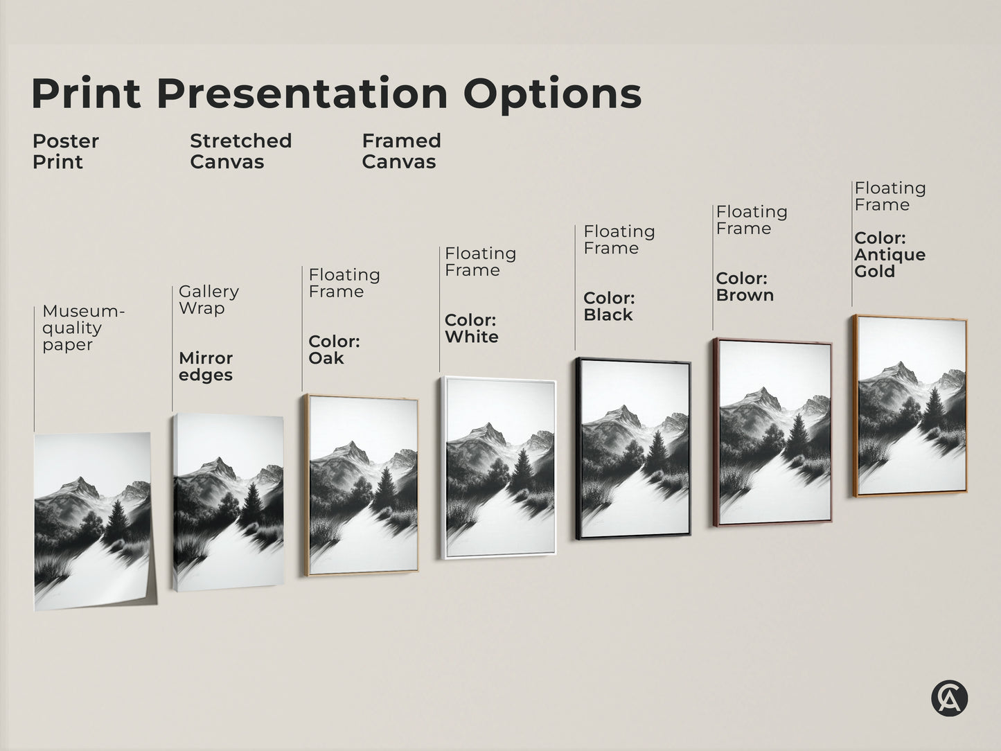 Explore print presentation options. Choose poster prints stretched canvas or framed canvas. Featuring black brown white & oak frames. Gallery wrap and museum-quality paper options available